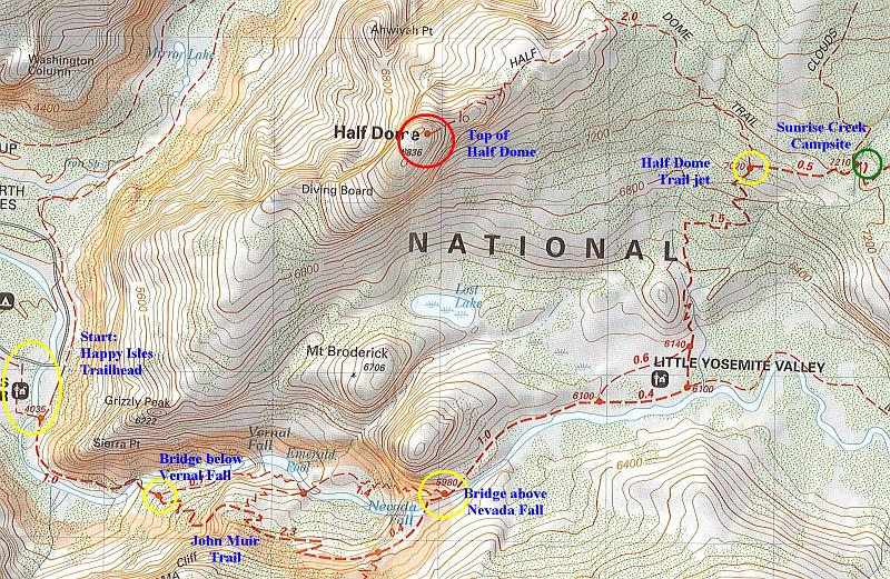 map_0001.jpg - The trip. Start at Happy Isles trailhead, follow the trail to the brdige below Vernal Fall, then along the John Muir Trail to the bridge above Nevada Fall (and lunch!). Overnight at Sunrise Creek campsite, beyond the Half Dome Trail junction. Lunch on the second day, after going up and down Half Dome, was again at the bridge above Nevada Fall.